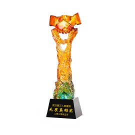 Shake Hand Glazed Crystal Award Liuli Trophy With Base with Logo