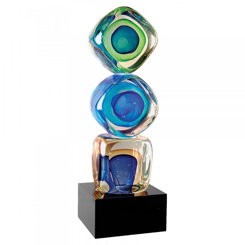 Promotional 9.25" Stacked Blocks Art Glass with Square Black Base Award Promotional 9.25" Stacked Blocks Art Glass with Square Black Base Award