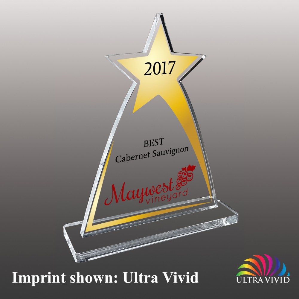 Small Star Topped Triangle Shaped Ultra Vivid Acrylic Award with Logo