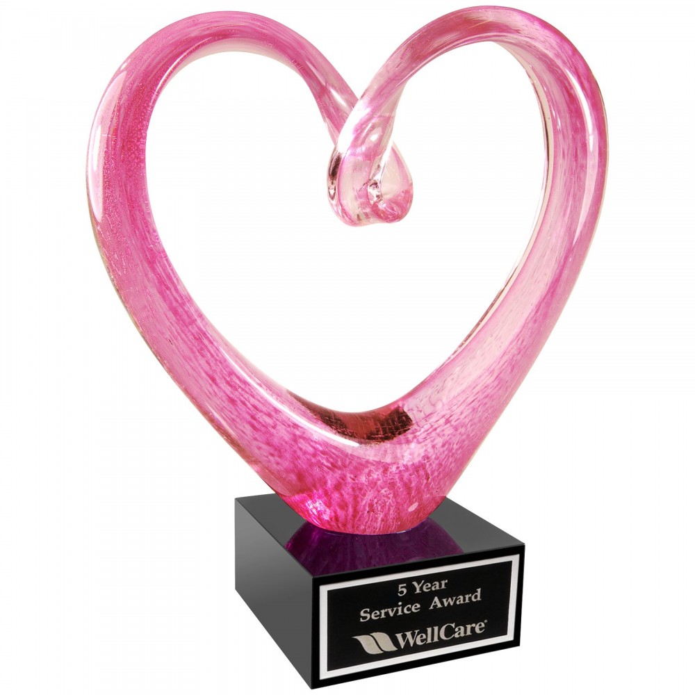 Custom Etched 9" Pink Glass Heart with Black Base Custom Etched 9" Pink Glass Heart with Black Base