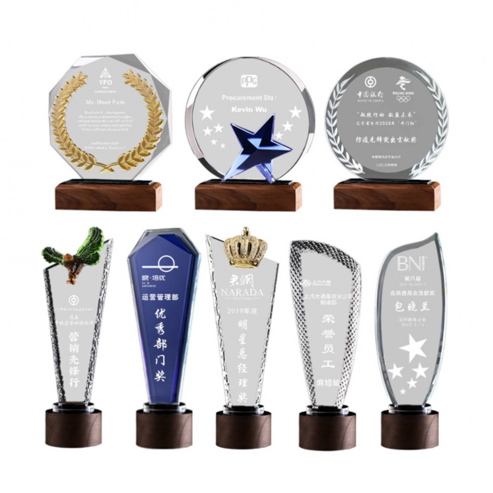 Custom Custom Crystal Award Plaque Trophy With Wood Base