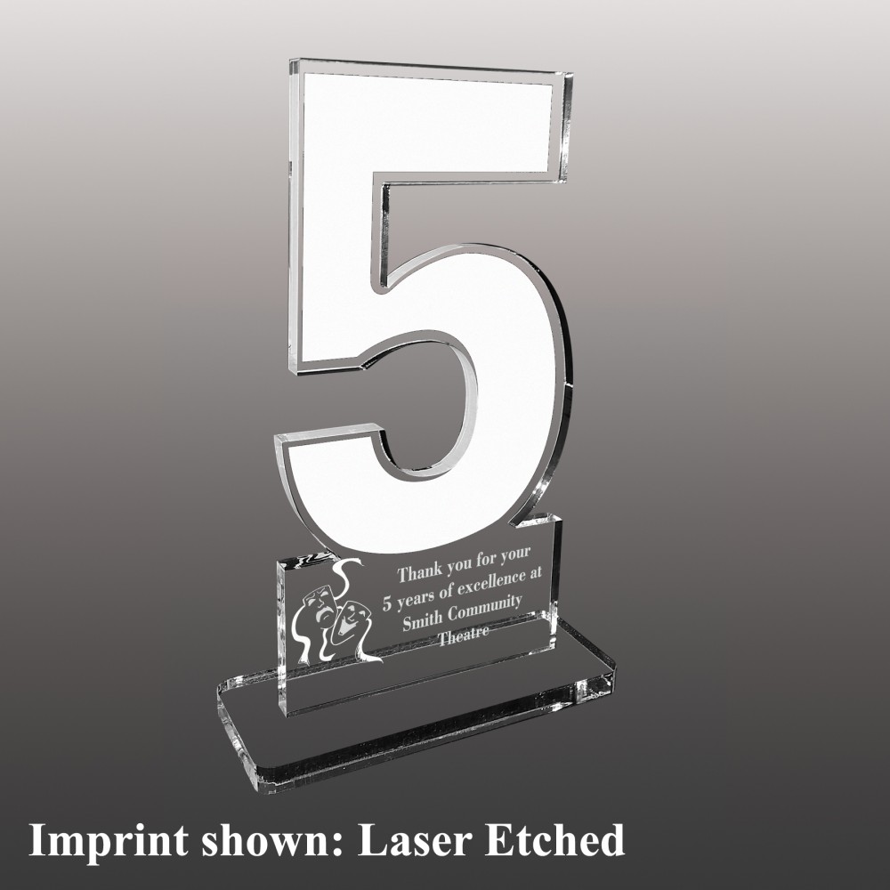 Customized Large Number 5 Shaped Etched Acrylic Award