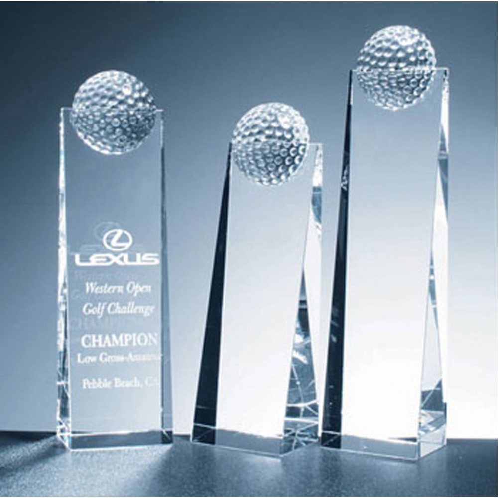 Logo Imprinted Golf Ball Tower Award - Optic Crystal (9"x2 3/4"x2") Logo Imprinted Golf Ball Tower Award - Optic Crystal (9"x2 3/4"x2")