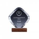 Custom Clear Crystal Trophy With Wooden Base with Logo