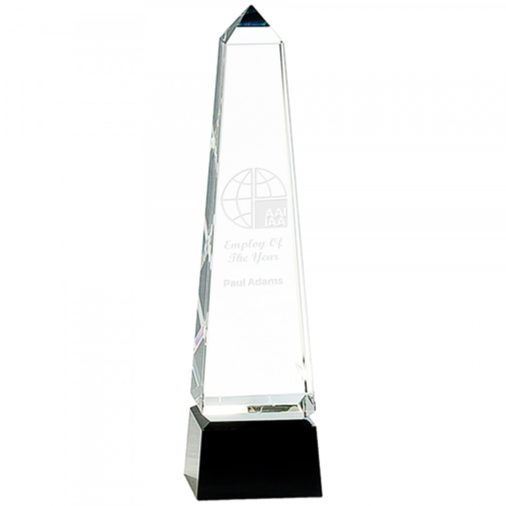 Obelisk Crystal on Black Pedestal Base Award with Logo Obelisk Crystal on Black Pedestal Base Award with Logo