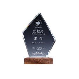 Logo Branded Pentagon Award Clear Crystal Trophy With Wooden Base