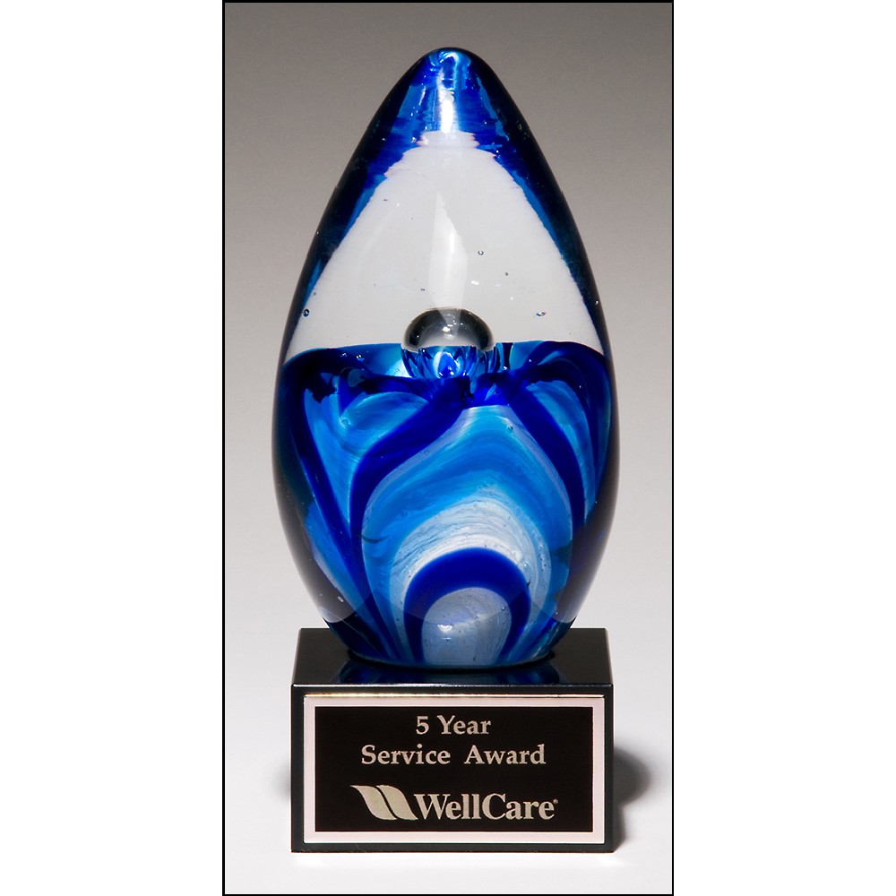 Logo Imprinted Art glass egg on black glass base 4.75x6.5 Logo Imprinted Art glass egg on black glass base 4.75x6.5