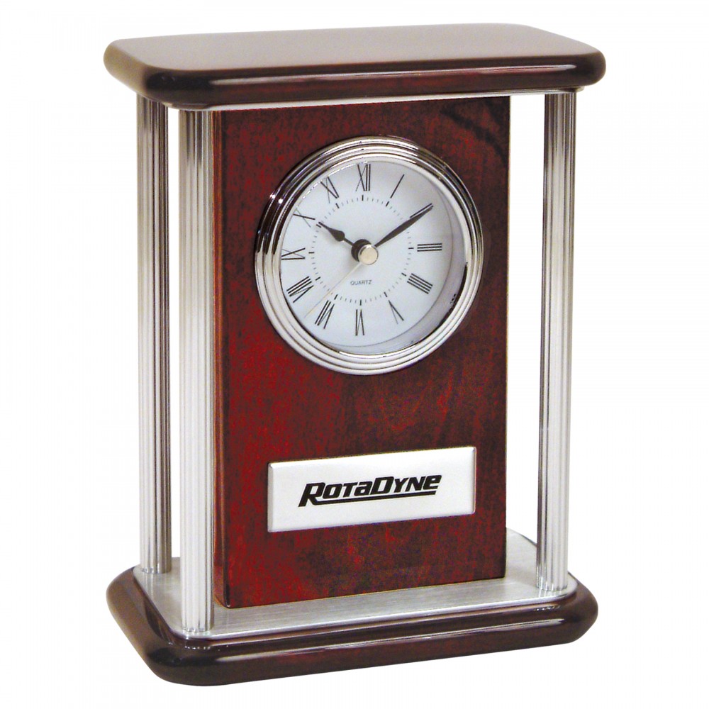 Logo Imprinted Clock - Piano Wood Clock with Silver Pillars Logo Imprinted Clock - Piano Wood Clock with Silver Pillars