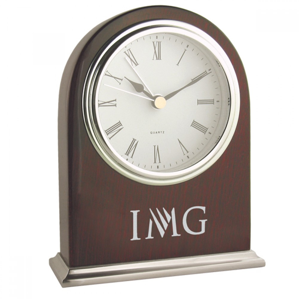 Custom Etched Clock - Arched Wooden Desk Alarm Clock w/ Silver Trim Custom Etched Clock - Arched Wooden Desk Alarm Clock w/ Silver Trim