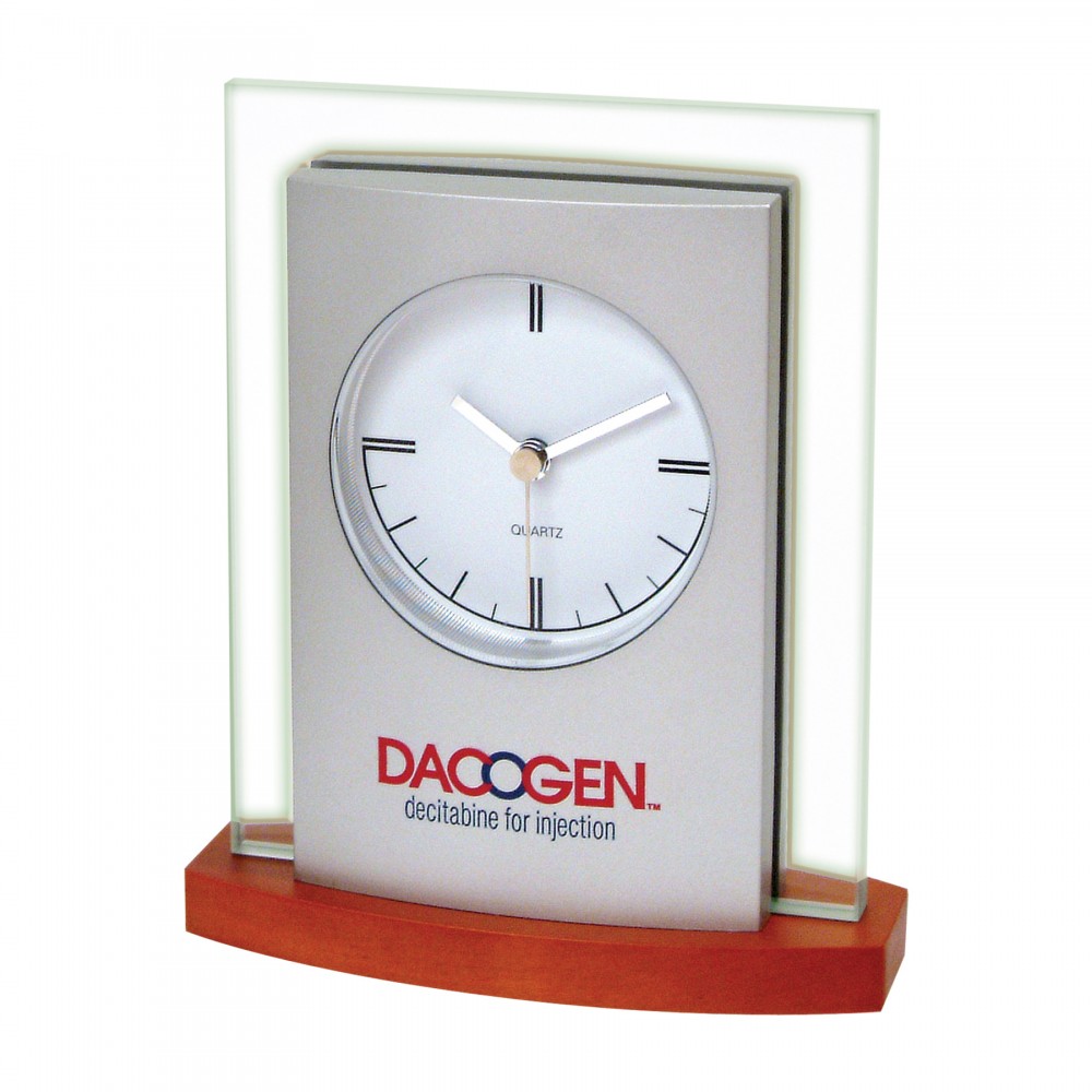 Logo Imprinted Clock - Desk Top Glass/ Wood Clock with Brown Wood Base Logo Imprinted Clock - Desk Top Glass/ Wood Clock with Brown Wood Base