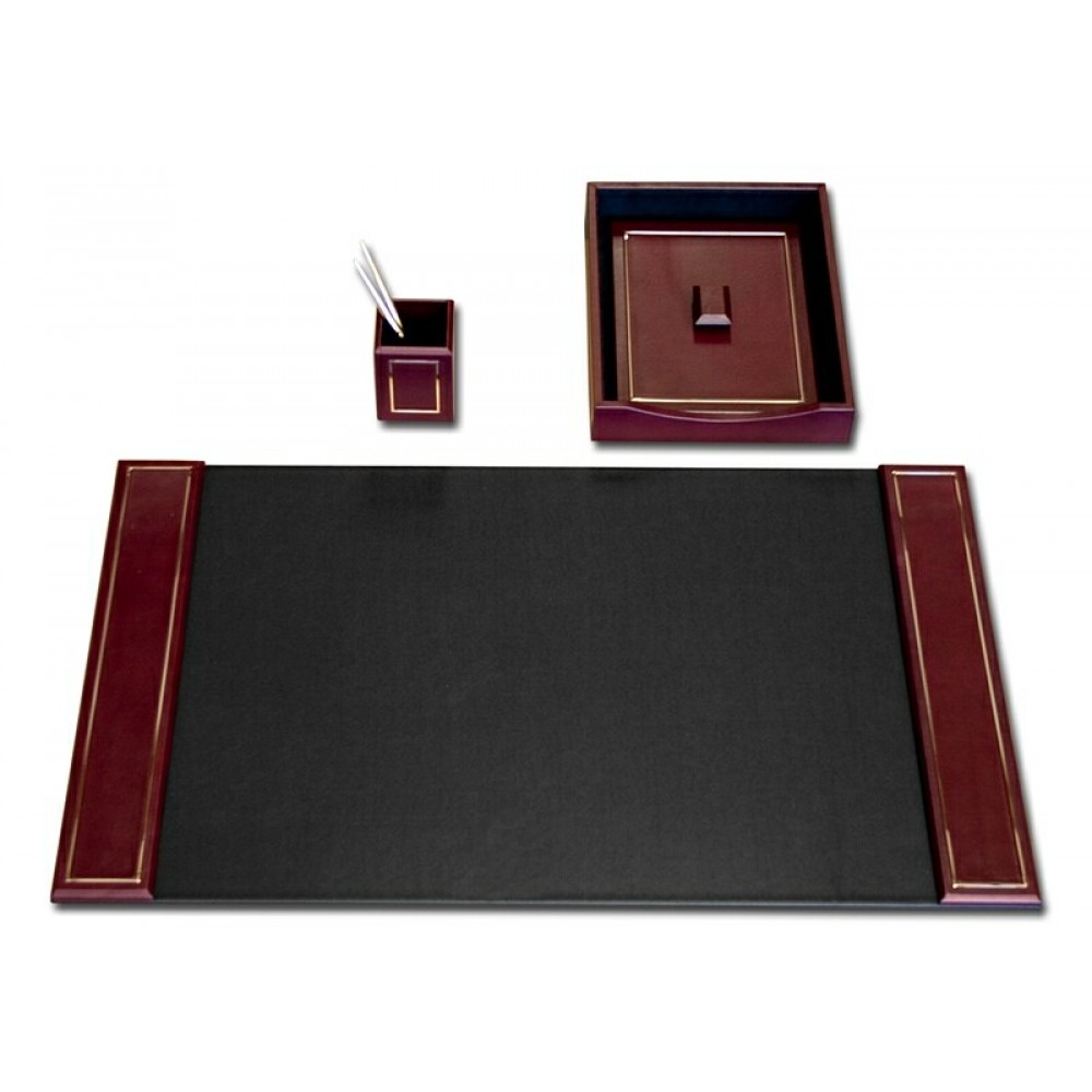 3 Piece Burgundy Leather 24 KT Gold Tooled Desk Set Laser-etched