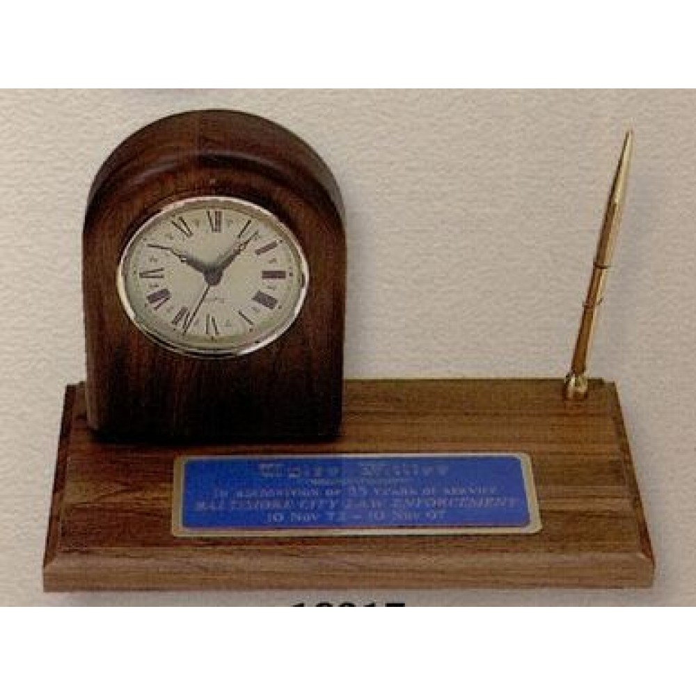 Walnut Desk Set w/ Arch Clock & Pen Laser-etched Walnut Desk Set w/ Arch Clock & Pen Laser-etched