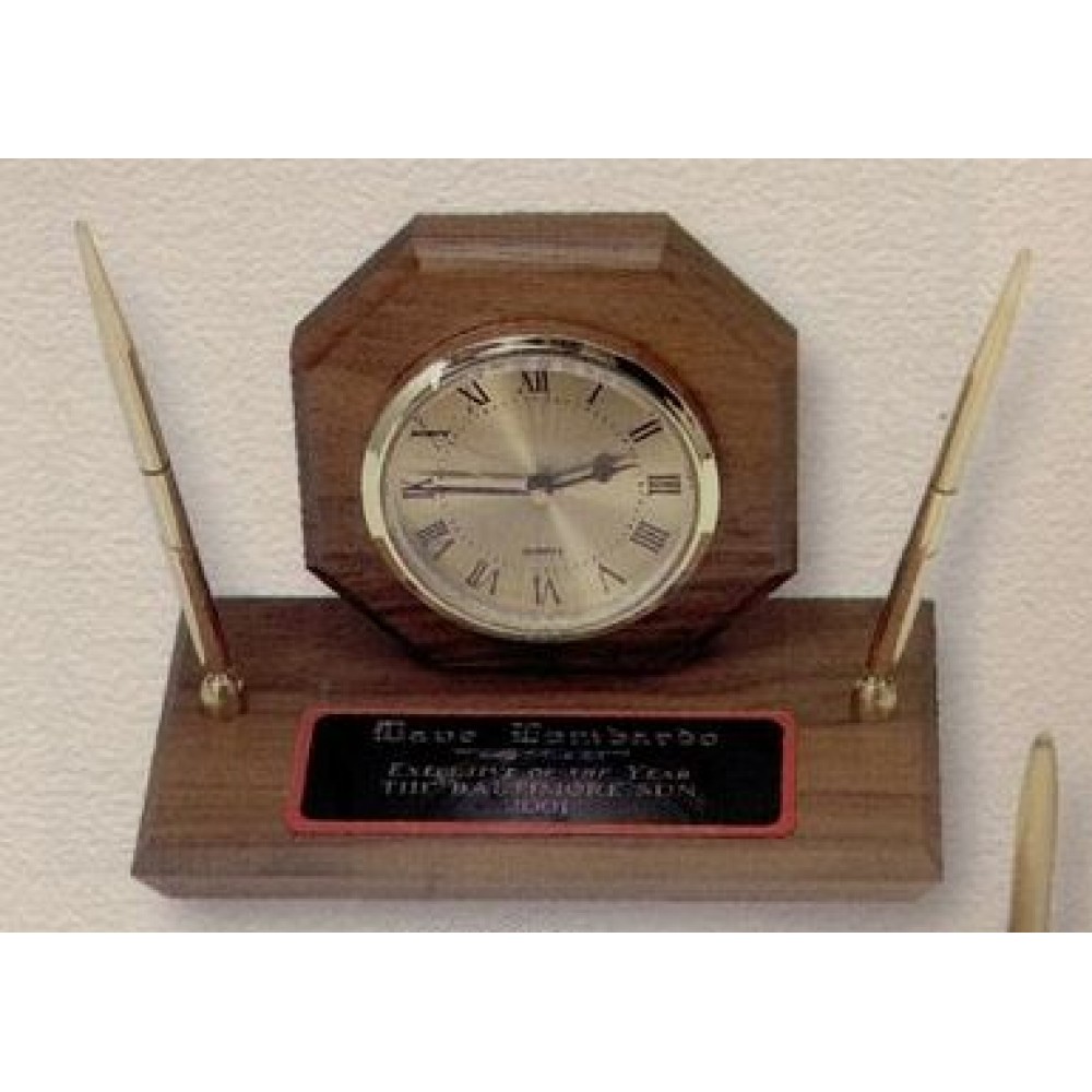 Laser-etched Walnut Desk Set w/ Octagon Clock & 2 Pens Laser-etched Walnut Desk Set w/ Octagon Clock & 2 Pens