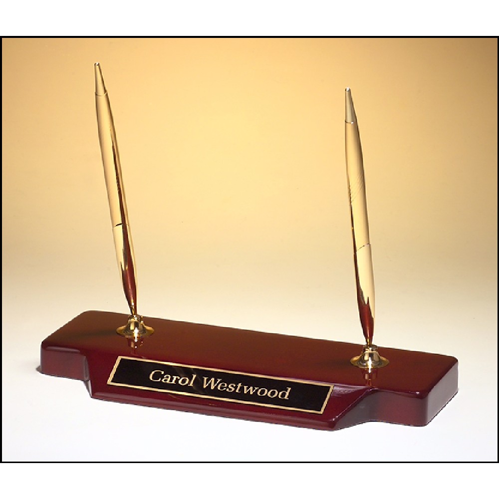 Double Pen Desk Set on a Rosewood Piano Finish Base 3.75" deep x 9 Logo Imprinted Double Pen Desk Set on a Rosewood Piano Finish Base 3.75" deep x 9 Logo Imprinted