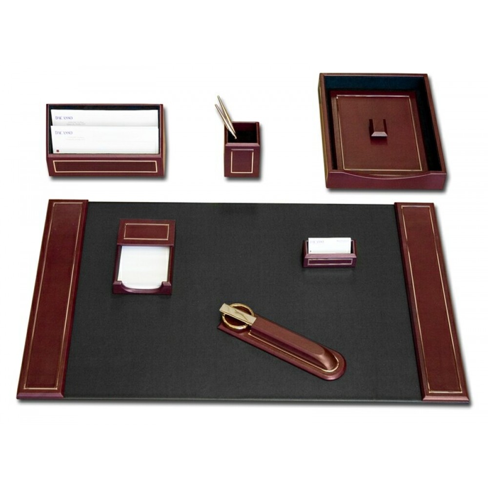 Laser-etched 7 Piece Burgundy Leather 24 KT Gold Tooled Desk Set Laser-etched 7 Piece Burgundy Leather 24 KT Gold Tooled Desk Set