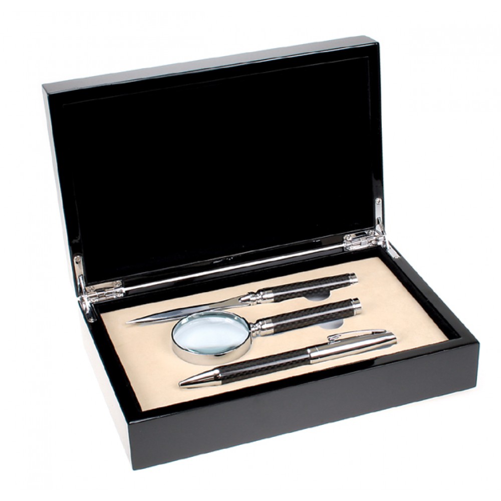 Carbon Fiber Pen, Letter Opener, and Magnifier Gift Set Laser-etched