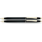 Custom Etched Cross Classic Century Classic Black/ Gold Trim Ball Pen/ Pencil Set