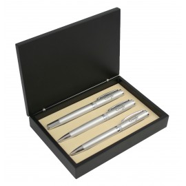 Custom Etched Satin Silver Ballpoint and Roller Ball Pen with Pencil Diamond Cut Ring Pen Set  Custom Etched Satin Silver Ballpoint and Roller Ball Pen with Pencil Diamond Cut Ring Pen Set