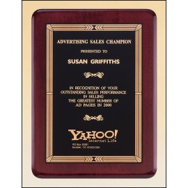 Customized Airflyte Rosewood Piano-Finish Plaque w/Brass Plate, Round Corners & Gold Design Border (8"x 10.5")