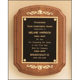 Promotional American Walnut Plaque w/Black Brass Plate, Notched Corner & Gold Casting Accent (9"x 12")