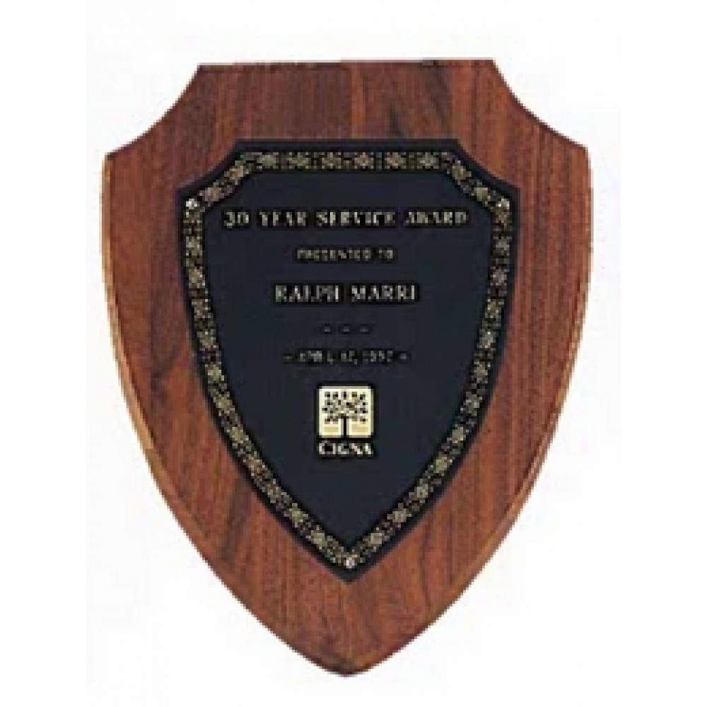 Personalized Sheffield Series American Walnut Shield Plaque w/Gold Border Design (7.25"x 9")