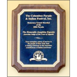 Airflyte Walnut Piano-Finish Plaque w/Sapphire Blue Marble Plate & Notched Corner (9"x 12") with Logo