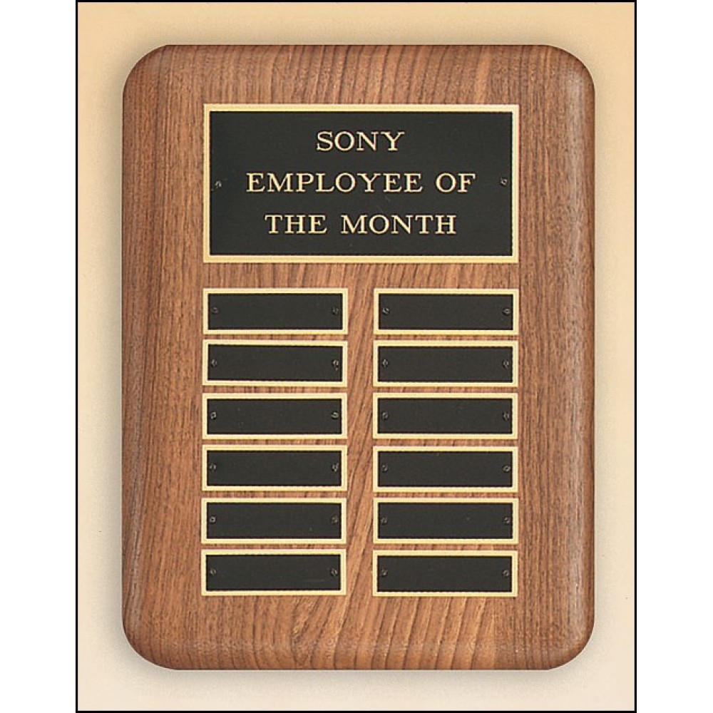 American Walnut Perpetual Plaque w/12 Black Brass Plates & Rounded Corners (9"x 12") with Logo