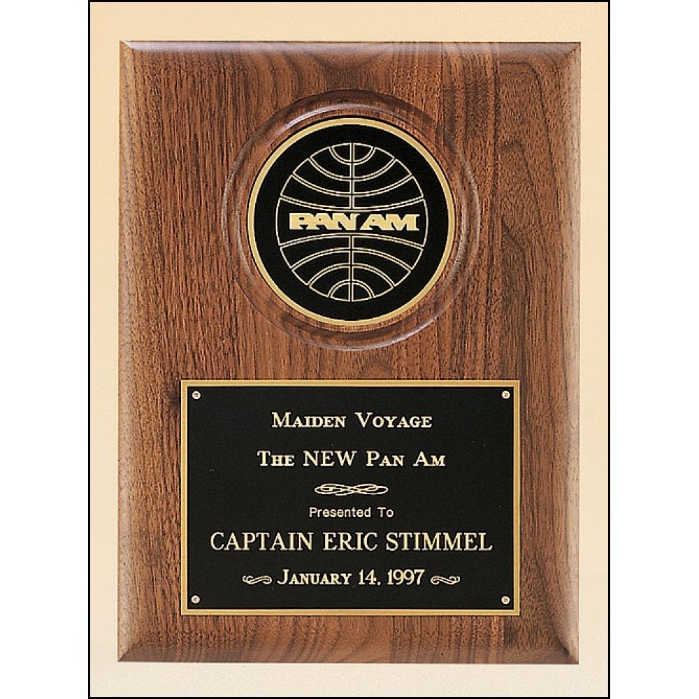 Airflyte Furniture Finish American Walnut Perpetual Plaque w/4" Brass Disc (9"x 12") with Logo