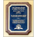 Promotional Airflyte Walnut Piano-Finish Plaque w/Sapphire Blue Marble Plate & Notched Corner (7"x 9")