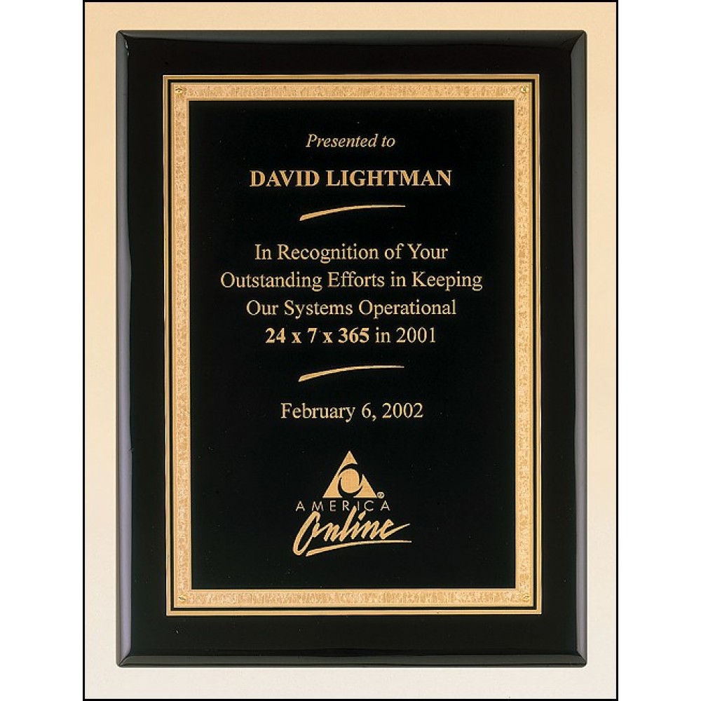 Airflyte Black Stained Piano-Finish Plaque w/Brass Plate & Gold Florentine Border (11"x 14") with Logo