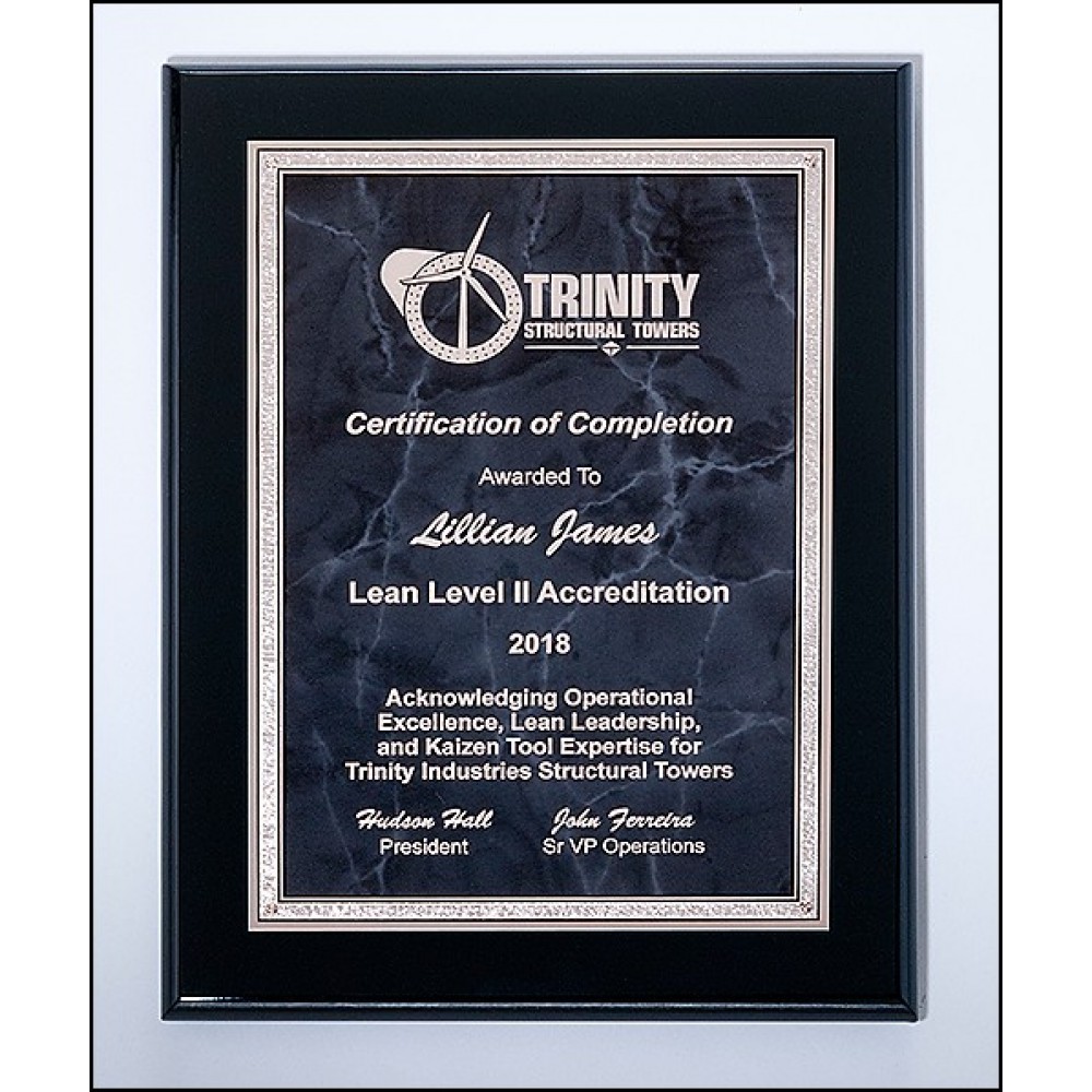 Airflyte Black High Lustr Plaque w/Gray Marble Center & Silver Florentine Border (9"x 12") with Logo