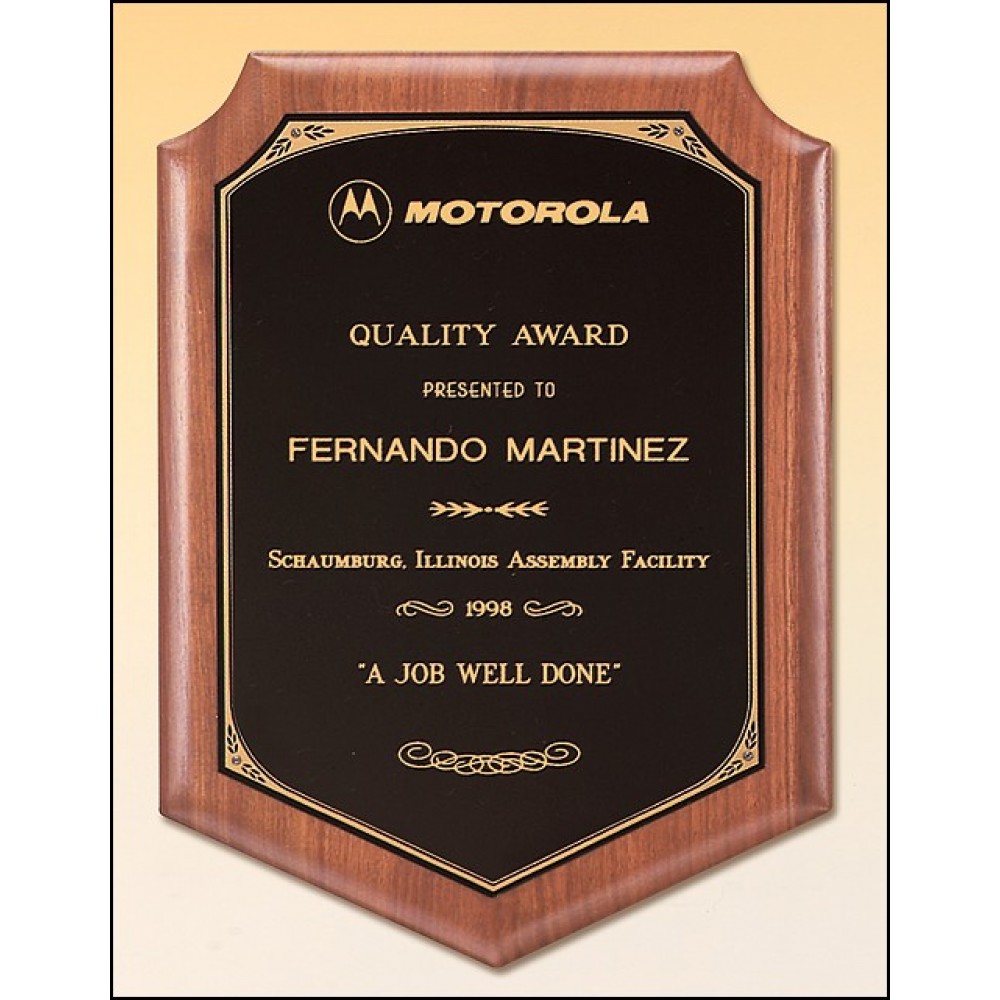 Logo Branded Airflyte American Walnut Plaque w/Brass Plate, Notched Top Corners & Bottom Point (11"x 15")