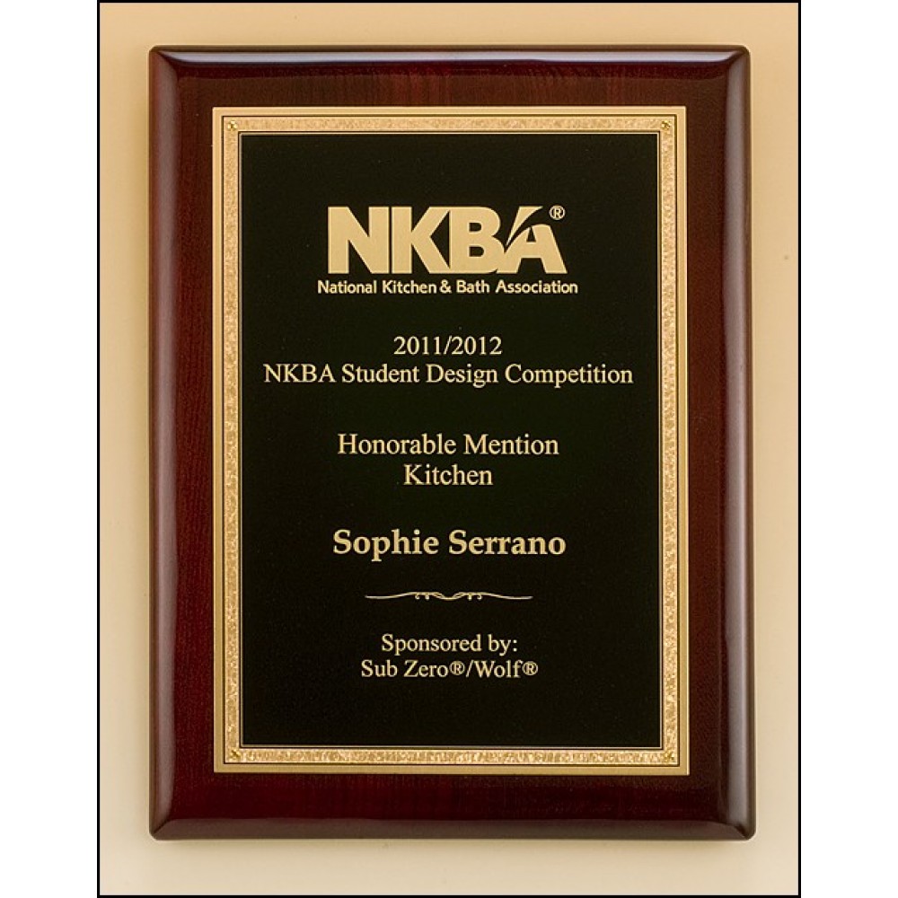 Airflyte Rosewood Piano-Finish Plaque w/Textured Black Center & Gold Florentine Border (9"x 12") with Logo