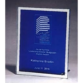 Glass Plaque w/Blue Silk Screened Center & Mirror Border (7"x 9") with Logo