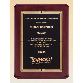 Promotional Airflyte Rosewood Piano-Finish Plaque w/Brass Plate, Round Corners & Gold Design Border (7"x 9")