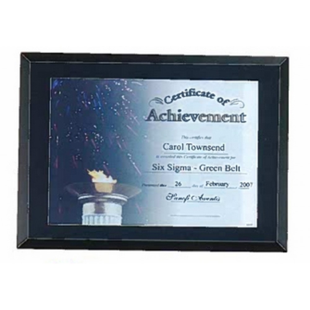 Logo Branded Bristol Series Black Glass Certificate Plaque w/Easy Open & Close Backing (11"x 14")