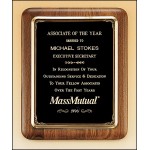 Solid American walnut plaque with an antique bronze plated metal frame casting. Engraved