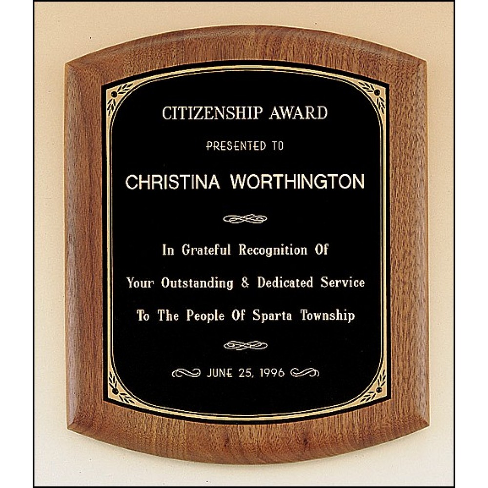 Customized American Walnut Plaque w/Black Brass Plate, Rounded Edges & Printed Border (9.5"x 11.5")
