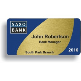 Custom Printed Brushed Gold Metal, Frameless Badge w/ Full Color Print (1 1/2"x 3")