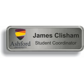 Bright Silver Plastic Framed Badge w/Brushed Silver Metal Insert (1"x 3") Custom Imprinted