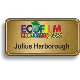 Custom Printed Bright Gold Plastic Framed Badge w/Brushed Gold Metal Insert (1 1/2" x 3")  Custom Printed Bright Gold Plastic Framed Badge w/Brushed Gold Metal Insert (1 1/2" x 3")