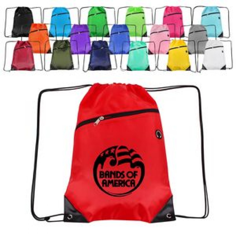 Drawstring Backpack with Front Zipper Pocket with Logo