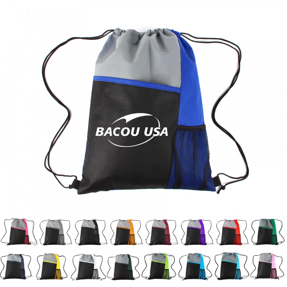 Tri-Colored Mesh Pocket Drawstring Backpack with Logo