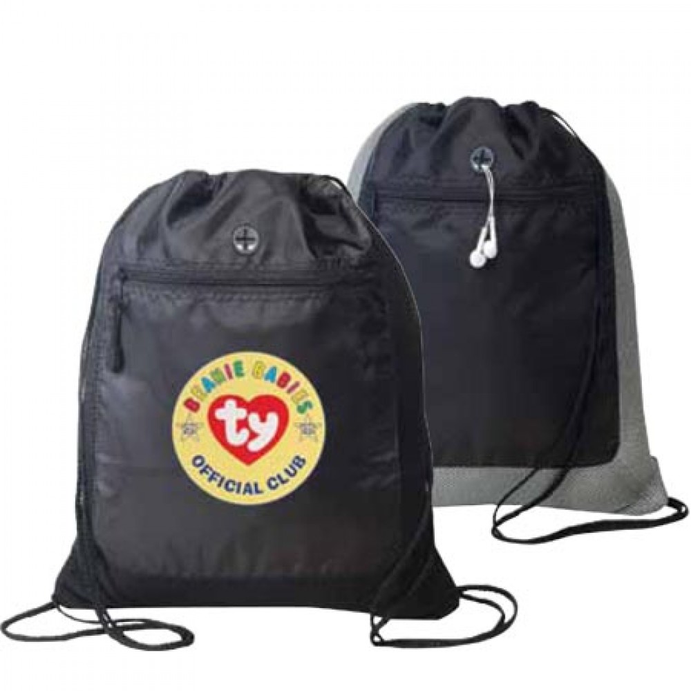 Drawstring Tote Bag w/ Front Zipper Pocket and Easy Headphone Access with Logo
