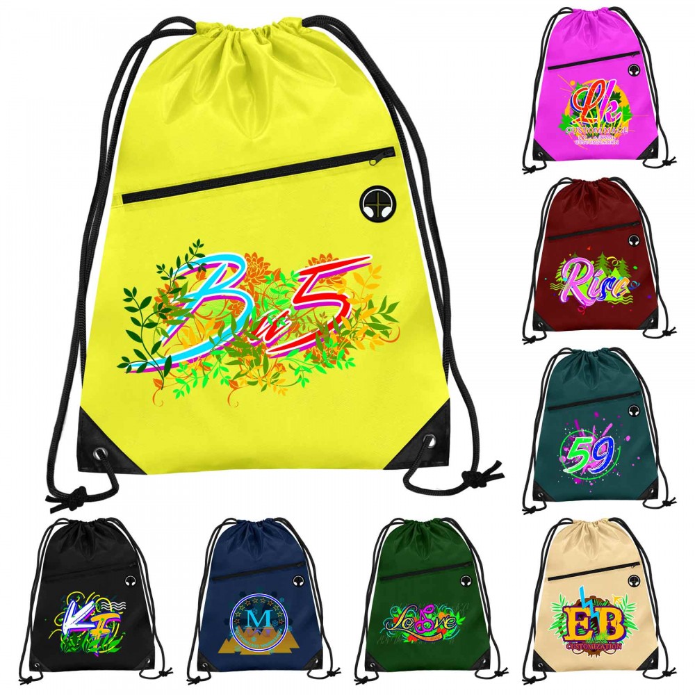 Polyester Cinch Backpack with Front Zipper Pocket with Logo Polyester Cinch Backpack with Front Zipper Pocket with Logo