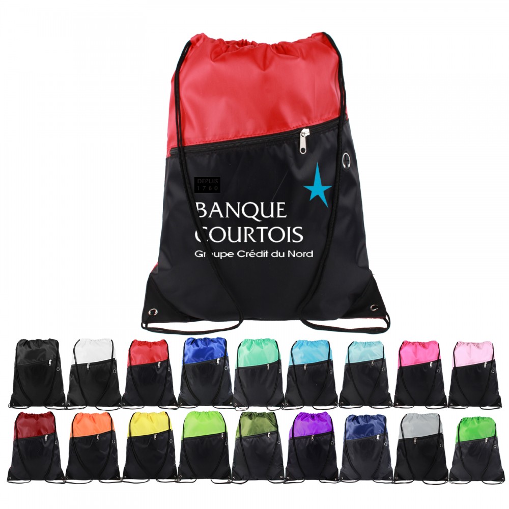 Two-Tone Drawstring Backpack With Front Zipper with Logo Two-Tone Drawstring Backpack With Front Zipper with Logo