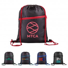 210D Polyester Drawstring Sports Backpack w/ Zipper Pocket with Logo