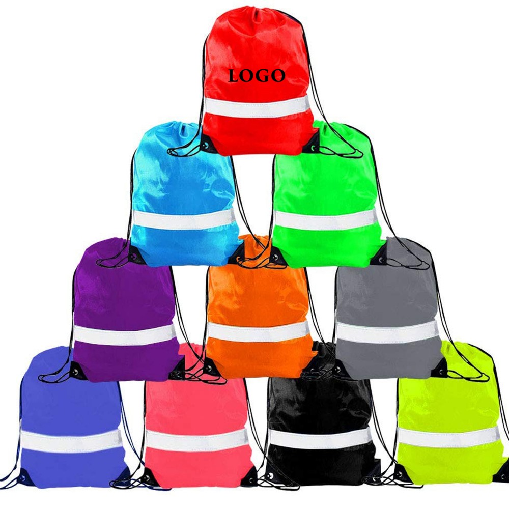 Logo Branded Drawstring Backpack Bag With Reflective Stripe MOQ 100PCS