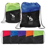 Two-Tone Poly Drawstring Backpack w/Zipper Front Pocket with Logo