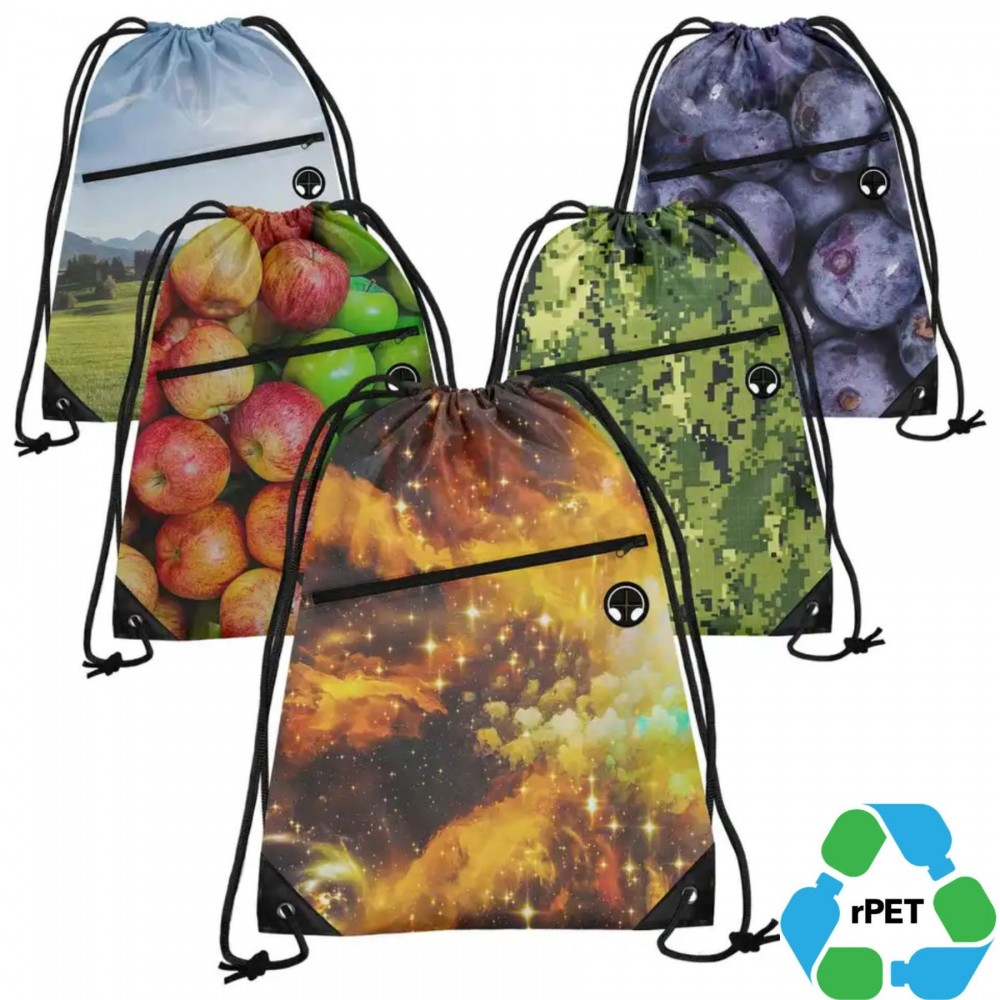 13"X18" rPET Recycled 210D Polyester Sublimation Zip Pocket & Earphone Outlet Drawstring Backpack with Logo